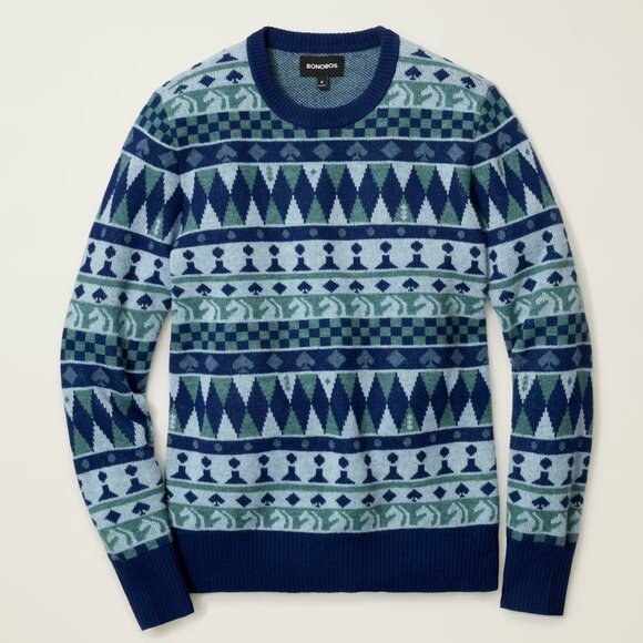 NWT $129 BONOBOS Wool Cards Poker Chess Game Night Blue Crew Neck Sweater MEDIUM - Picture 4 of 5